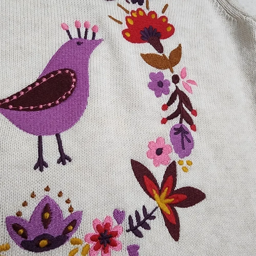 Gymboree Girls Purple Birds & Flowers Embroidery Wreath Knit Sweater Size 7 NEW